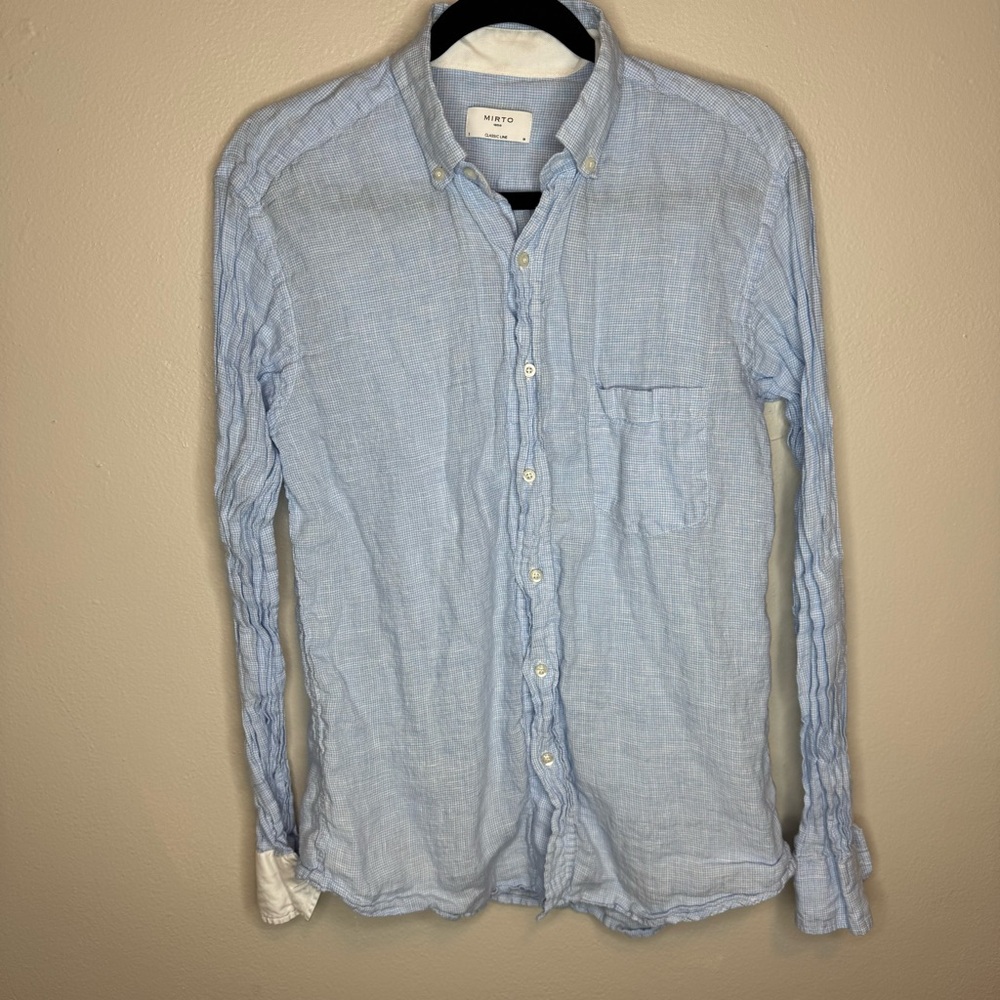 Mirto Classic Line 100% Linen Button Down Blue Checkered Long Sleeve Shirt
